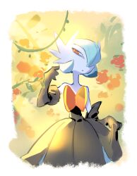  1girl alternate_color black_dress black_gloves blue_hair bob_cut colored_skin commentary dress elbow_gloves flower gardevoir gloves hair_over_one_eye mega_gardevoir mega_pokemon orange_eyes pokemon pokemon_(creature) raine_(acke2445) shiny_pokemon strapless strapless_dress untranslatable_commentary white_skin 