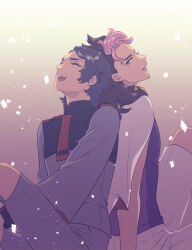  2boys asticassia_school_uniform back-to-back brothers brown_hair closed_eyes commentary_request grey_jacket guel_jeturk gundam gundam_suisei_no_majo jacket lauda_neill long_hair male_focus mole mole_under_eye multicolored_hair multiple_boys open_mouth pink_hair school_uniform scm7733 shirt shorts siblings sitting smile two-tone_hair 