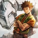  &gt;_&lt; 1boy brock_(pokemon) brown_hair closed_eyes closed_mouth crossed_arms green_vest lowres male_focus onix open_clothes open_vest orange_shirt pokemon pokemon_(anime) pokemon_(creature) shirt short_hair short_sleeves smile spiky_hair standing sushi_(sashimise) t-shirt vest 