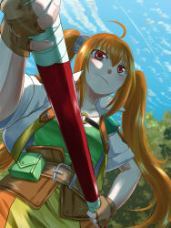  1girl ahoge armor belt belt_buckle belt_pouch blue_sky bo_staff brown_belt brown_gloves brown_hair buckle closed_mouth clouds commentary_request cropped_jacket day double-parted_bangs dutch_angle eiyuu_densetsu estelle_bright fingerless_gloves floating_hair from_below gloves green_shirt hair_between_eyes hairband highres holding holding_staff holding_weapon jacket leaf leather leather_belt leather_gloves long_hair mayuririko metal_hairband open_clothes open_jacket orange_skirt outdoors pauldrons pouch red_eyes shirt shirt_tucked_in short-sleeved_jacket short_sleeves shoulder_armor sidelocks single_pauldron skirt sky solo sora_no_kiseki sora_no_kiseki_fc staff twintails upper_body very_long_hair weapon 