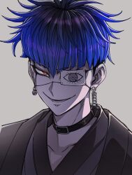  1boy alternate_eye_color black_eyeshadow black_hair black_haori black_roots blue_hair chamuchai earrings evil_smile eye_print eyepatch eyeshadow face_piercing grey_background grey_kimono haori highres japanese_clothes jewelry kimono labret_piercing lower_teeth_only makeup male_focus multicolored_hair omokage_yugamu piercing portrait print_eyepatch red_eyes roots_(hair) short_hair simple_background smile solo teeth the_hundred_line_-last_defense_academy- 