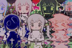 1girl abstract_background arms_at_sides bandaged_arm bandages black_eyes blush capelet chromatic_aberration closed_mouth commentary_request cross cross_earrings cross_necklace earrings glitch grey_hair hair_extensions image_warping inverted_colors jewelry lineup long_hair looking_at_viewer multiple_views necklace nzzcsm original ring_hair_extensions second-party_source sidelocks technopop_yuuki_synthesizer-chan twintails variations wavy_eyes white_capelet 
