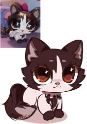  artist_name brown_eyes brown_fur cat cross-shaped_pupils highres littlest_pet_shop looking_at_viewer nekkudumbo no_humans photo_inset reference_inset simple_background symbol-shaped_pupils tail two-tone_fur white_fur 