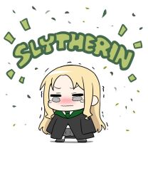  1girl black_cloak blonde_hair blush chibi chibi_only cloak closed_mouth confetti disappointed felutiahime full_body grey_eyes harry_potter_(series) harry_potter_and_the_philosopher's_stone hogwarts_school_uniform legs_apart long_hair long_sleeves malfoid sad school_uniform simple_background slytherin solo standing tearing_up tears trembling wavy_eyes white_background wizarding_world 