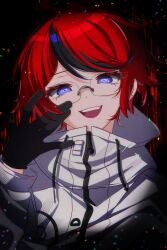  1boy \||/ ahoge aotsuki_eito aotsuki_eito_(cosplay) black_background black_gloves black_hair black_streaks blue_eyes commentary cosplay glasses gloves grey_jacket highres hood hoodie jacket jacket_over_hoodie looking_at_viewer male_focus multicolored_hair multicolored_jacket open_mouth red_hair school_uniform short_hair smile solo streaked_hair sumino_takumi the_hundred_line_-last_defense_academy- two-tone_jacket upper_body white_hoodie zer00han 