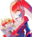  1girl bouquet colored_skin fish_girl flower head_fins highres holding holding_bouquet jewelry looking_at_viewer maruta_maruta mipha monster_girl multicolored_skin neck_ring one_eye_covered red_flower red_skin redhead silent_princess smile solo sparkle the_legend_of_zelda the_legend_of_zelda:_breath_of_the_wild twitter_username two-tone_skin upper_body white_background white_skin yellow_eyes yellow_flower zora 