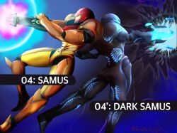  1girl 1other arm_cannon armor artist_name back-to-back character_name commentary_request dark_samus electricity energy energy_ball firing green_assault_visor helm helmet highres hone_ryu metroid nintendo power_armor power_suit_(metroid) samus_aran super_smash_bros. varia_suit weapon 