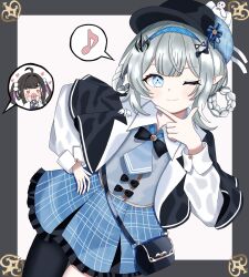  1girl 2girls bag bird_hat_ornament black_bag black_bow black_capelet black_hat blue_eyes blue_hairband blue_necktie blue_skirt bow braid braided_hair_rings capelet checkered_clothes checkered_hairband checkered_skirt chitose_(stella_sora) chitose_(when_morning_glories_bloom_her_eyes_open)_(stella_sora) commentary_request cosplay crossbody_bag deerstalker female_tyrant_(stella_sora) grey_hair grey_vest hair_ornament hair_rings hairband hat highres looking_at_viewer mahou_shoujo_no_majo_saiban multiple_girls musical_note necktie one_eye_closed plaid_clothes plaid_skirt pointy_ears simple_background single_leg_pantyhose skirt spoken_musical_note stella_sora tachibana_sherry tachibana_sherry_(cosplay) tyrant_(stella_sora) vest white_background white_hair yusutelia 