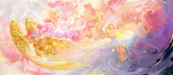  3girls absurdres angel angel_wings bare_shoulders brown_eyes chinese_commentary chroma-ode_(shining_nikki) closed_mouth clouds commentary_request desolation's_grace_(shining_nikki) dress expressionless feathered_wings floating_hair flower_dress flower_halo flower_wings flying full_body gown hair_spread_out halo highres imminent_hug light_particles lipstick long_dress long_hair makeup multiple_girls multiple_persona nikki_(nikki) nikki_(series) object_floating_above_hand outdoors outstretched_arm painterly partially_submerged pink_dress pink_hair pink_lips ripples shi_sebai_haoyun_lailailai shining_nikki single_strap size_difference sky sleeveless sleeveless_dress star_(symbol) strapless strapless_dress sunrise very_long_hair water wavy_hair wings yellow_dress yellow_halo yellow_sky yellow_wings 