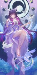  1girl abstract_background absurdres barefoot bird black_hair celtreny closed_mouth colored_inner_hair columbina_(genshin_impact) commentary dress english_commentary field flower flower_field full_body genshin_impact gradient_hair hair_ornament hand_up highres long_hair looking_at_viewer luonnotar_(genshin_impact) moon_phases multicolored_hair no_mask pink_hair smile solo toes unusually_open_eyes very_long_hair violet_eyes white_bird white_dress wing_hair_ornament 