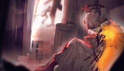  1girl 2others alley coat commentary_request dress fur_collar halo highres limbus_company multiple_others project_moon pwie_(project_moon) rain short_hair sixgod solo_focus trash_can white_dress white_hair yellow_coat 