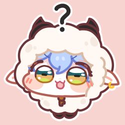  1girl :3 animal_ears blue_hair blush chibi earrings hair_between_eyes heartmove93 horns jewelry looking_at_viewer lowres lucia_elowen open_mouth pink_background pointy_ears sheep sheep_ears sheep_horns simple_background solo zenless_zone_zero 