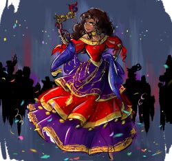  1girl abstract_background ballroom barefoot bracelet circlet colorful confetti crowd dark-skinned_female dark_skin disney dress earrings esmeralda_(disney) evening_gown fashion gold_bracelet gold_circlet gold_earrings gold_necklace gold_trim grey_background hoop_earrings jewelry mask masquerade_mask necklace official_alternate_costume official_art romani sketch steven_thompson the_hunchback_of_notre_dame_(disney) waist_cape wavy_hair 
