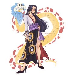  1girl black_hair blush boa_hancock commentary dress full_body hand_on_own_hip highres imgomis kuja_pirates_jolly_roger long_hair one_piece one_piece:_stampede purple_sash salome_(one_piece) sash side_slit sidelocks simple_background skull_ornament snake twitter_username untranslatable_commentary white_background 