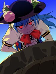  1girl absurdres black_hat blue_hair blue_sky bow bowtie commentary eddybird55555 english_commentary hat highres hinanawi_tenshi long_hair looking_at_viewer peach_hat_ornament puffy_short_sleeves puffy_sleeves red_bow red_bowtie red_eyes rope shimenawa shirt short_sleeves sky smug solo touhou white_shirt 