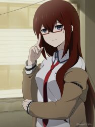  1girl absurdres bespectacled blue_eyes breasts brown_jacket closed_mouth collared_shirt commentary_request glasses hair_between_eyes highres jacket kanzaki_nyo long_hair looking_at_viewer makise_kurisu medium_breasts necktie open_clothes open_jacket red-framed_eyewear red_hair red_necktie science_adventure semi-rimless_eyewear shirt smile solo steins;gate white_shirt 