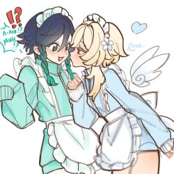  !? 1boy 1girl apron arm_at_side ayuolmao back_bow blonde_hair blue_skirt blush bow braid braided_sidelocks breasts cowboy_shot crossdressing crossdressing_(mtf) detached_wings face-to-face flustered frilled_apron frills from_side genshin_impact gradient_hair green_eyes green_shirt gren_shorts hand_up heart hetero highres language_request leaning_forward long_hair looking_at_another lumine_(genshin_impact) maid maid_headdress male_maid multicolored_hair open_mouth orange_eyes profile shirt sidelocks skirt sleeves_past_wrists small_breasts smile speech_bubble standing tra translation_request twin_braids venti_(genshin_impact) white_apron white_bow white_wings wings 
