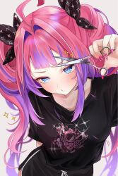  1girl ahoge black_shirt blue_eyes cutting_hair cutting_own_hair dolphin_shorts highres holding holding_scissors hololive hololive_dev_is honnoshioriii kikirara_vivi long_hair multicolored_hair pink_hair pink_nails purple_hair scissors shirt shorts twintails two-tone_hair virtual_youtuber 