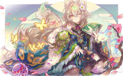  1girl ;) animal animal_ear_fluff animal_ears bare_shoulders black_cat blue_bow blue_kimono bow branch brown_hair bug butterfly cat commentary_request commission copyright_request flower folding_fan hair_between_eyes haku_(sabosoda) hand_fan highres holding holding_fan japanese_clothes kimono long_hair long_sleeves nail_polish off_shoulder one_eye_closed petals pink_flower purple_nails skeb_commission sleeves_past_wrists smile solo tail very_long_hair wide_sleeves yellow_eyes 