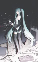  bare_shoulders black_sleeves breasts detached_sleeves dim_lighting drum drum_set electric_guitar fender_stratocaster from_behind full_body guitar hatsune_miku highres holding holding_guitar holding_instrument holding_microphone instrument keyboard_(instrument) looking_back microphone microphone_stand miniskirt nakamura_(wmfp3834) skirt small_breasts speaker twintails vocaloid vocaloid_boxart_pose zettai_ryouiki 