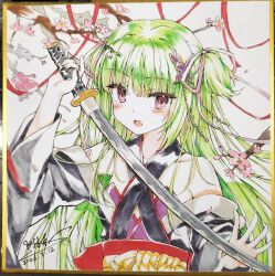  1girl :d absurdres arm_up bare_shoulders black_kimono blunt_bangs blush branch butterfly_hair_ornament cherry_blossoms commentary criss-cross_halter dated falling_petals floating_hair green_hair hair_ornament hair_ribbon halterneck hand_up highres holding holding_sword holding_weapon japanese_clothes katana kimono linnaiaaa long_hair long_ribbon long_sleeves looking_at_viewer murasame_(senren) open_mouth petals photo_(medium) pink_ribbon pom_pom_(clothes) red_eyes red_ribbon red_sash ribbon sash senren_banka shikishi sidelocks signature simple_background smile solo straight_hair sword traditional_media two_side_up upper_body very_long_hair weapon white_background wide_sleeves 