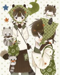  1girl :< acorn animal_ears bag bandana blush branch brown_bandana brown_eyes brown_hair brown_skirt chibi chibi_inset commentary_request dot_nose green_bag green_headscarf grey_pants hair_ornament hairclip headscarf highres hood hoodie jee_yoom korean_commentary leaf leaf_on_head leaf_print low_twintails maple_leaf mori_kei multiple_views original pants pants_under_skirt parallel_hairclips polka_dot polka_dot_background polka_dot_bandana polka_dot_headscarf raccoon raccoon_ears raccoon_girl raccoon_tail red_bandana short_twintails shoulder_bag skirt spiral_print star_(symbol) straight-on tail twintails white_hoodie 