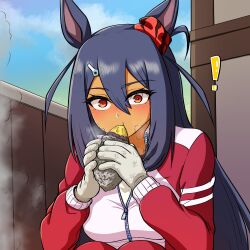  ! 1girl animal_ears black_hair blush breasts commentary_request dark-skinned_female dark_skin ear_scrunchie eating food gloves gym_shirt hair_between_eyes hair_ornament hairclip highres hishi_amazon_(umamusume) holding holding_food horse_ears horse_girl jacket korean_commentary large_breasts long_hair looking_at_viewer pants red_eyes red_jacket red_pants red_scrunchie red_track_suit roasted_sweet_potato rottenorang scrunchie shirt solo squatting striped_clothes striped_scrunchie sweet_potato tracen_training_uniform track_jacket track_pants track_suit umamusume very_long_hair white_gloves white_shirt 