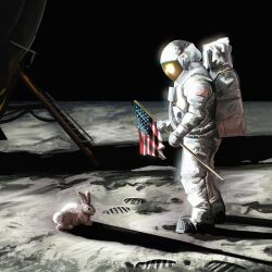  astronaut commentary dark found_footage helmet highres louceph moon_rabbit on_moon original rabbit space space_helmet spacesuit surreal white_rabbit_(alice_in_wonderland) zero_gravity 
