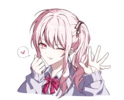  1other :p ;p akiyama_mizuki blush bow bowtie cardigan ccff33 collared_shirt commentary cropped_torso diagonal-striped_bow diagonal-striped_bowtie diagonal-striped_clothes hair_ribbon hands_up heart kamiyama_high_school_uniform_(project_sekai) long_hair long_sidelocks long_sleeves looking_at_viewer one_eye_closed open_hand other_focus pink_bow pink_bowtie pink_eyes pink_hair portrait project_sekai purple_cardigan ribbon school_uniform shirt side_ponytail sidelocks simple_background sleeves_past_wrists smile solo spoken_heart striped_bow striped_bowtie striped_clothes striped_ribbon tongue tongue_out untranslatable_commentary white_background white_shirt wing_collar 