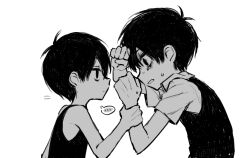  ... 2boys antenna_hair chinese_commentary closed_mouth collared_shirt commentary_request dual_persona expressionless greyscale hair_between_eyes highres holding_another's_wrist looking_at_another makucrp male_focus monochrome multiple_boys omori omori_(omori) parted_lips shirt short_hair simple_background speech_bubble spoken_ellipsis sunny_(omori) sweat sweater_vest tank_top 
