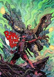  2boys analogous_colors belt black_bodysuit blank_eyes bodysuit cable_(marvel) cape colored_smoke commentary deadpool deadpool_(series) energy_gun english_commentary english_text firing glowing glowing_eye green_background grey_hair highres holding holding_sword holding_weapon katana male_focus marvel mask multicolored_bodysuit multiple_boys muscular muscular_male official_art prosthesis prosthetic_arm prosthetic_leg red_bodysuit red_mask scabbard science_fiction sheath smoke smoke_trail speech_bubble superhero_costume sword torn_cape torn_clothes two-tone_bodysuit unsheathed vinartwork weapon western_comics_(style) wreckage x-men x_(symbol) yellow_cape 
