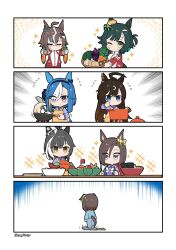  6+girls absurdres admire_groove_(umamusume) ahoge air_groove_(umamusume) animal_ears antenna_hair apron basket bathroom_scale blue_eyes blue_hair blue_pajamas blue_pants blue_shirt blush bow bowtie breasts brown_eyes brown_hair capriccyo carrot closed_eyes closed_mouth cooking cooking_pot duramente_(umamusume) ear_bow ear_chain ear_covers ears_through_headwear eggplant food fork fruit green_eyes green_hair hair_between_eyes hair_ornament hair_over_one_eye hairband hairclip hat highres holding holding_basket holding_fork holding_knife horse_ears horse_girl horse_tail jacket kiseki_(umamusume) kitchen knife ladle linked_piercing long_hair melon mole mole_under_mouth multicolored_hair multiple_girls one_eye_closed onion pajamas pants piercing purple_serafuku purple_shirt purple_skirt red_jacket rulership_(umamusume) sailor_collar sailor_shirt school_uniform serafuku shirt short_hair short_hair_with_long_locks sitting skirt smile stove streaked_hair table tail titleholder_(umamusume) tracen_school_uniform tracen_training_uniform track_jacket umamusume violet_eyes weighing_scale weight_gain white_bow white_bowtie white_hair white_streaks yellow_apron yellow_bow yellow_hat 