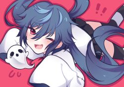  ! !! 1girl :d ;d black_skirt blue_hair blush chromashift commentary english_commentary fang flying_sweatdrops ghost hair_between_eyes highres hood hoodie hyuni_(hyunicat) long_hair long_sleeves looking_at_viewer one_eye_closed open_mouth red_background red_eyes simple_background skirt sleeves_past_fingers sleeves_past_wrists smile striped_clothes striped_thighhighs thigh-highs twintails virtual_youtuber white_hoodie yuko_yurei 
