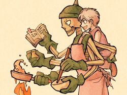  1boy 1other apron arm_behind_back behind_another book bowl brown_apron brown_tunic carrying carrying_person child chopsticks combat_helmet commentary_request cooking cowboy_shot dragon_quest dragon_quest_dai_no_daibouken extra_arms facing_to_the_side fire frying_pan gloves green_gloves green_helmet helmet holding holding_book holding_bowl holding_chopsticks holding_frying_pan holding_notebook hyunkel leaning_on_person lying m1_helmet notebook on_back piggyback red_eyes salt_shaker skeleton skeleton_(dragon_quest) spiked_helmet tunic umi-be-to white_hair yellow_background 