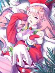  :o ;o bare_shoulders breasts cheirya commentary detached_sleeves dress english_commentary fire_emblem fire_emblem_heroes hat highres holding_snowman long_hair medium_breasts mirabilis_(fire_emblem) mirabilis_(winter)_(fire_emblem) official_alternate_costume one_eye_closed open_mouth pink_hair pointy_ears red_dress red_hat santa_costume santa_dress sleeves_past_fingers sleeves_past_wrists snow very_long_hair violet_eyes 