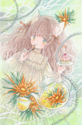  1girl animal_ear_fluff animal_ears bib_collar brown_hair cat_ears choker closed_mouth commentary_request cowboy_shot cup cupcake dress flower food fruit hair_ribbon holding holding_plate holding_spoon kamiya_kaori long_sleeves orange_flower orange_ribbon original painting_(medium) plate puffy_long_sleeves puffy_sleeves ribbon smile solo spoon strawberry string_of_pearls teapot traditional_media water watercolor_(medium) wavy_hair white_choker white_dress yellow_eyes 