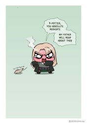  1girl absurdres afterimage angry bilingual_commentary black_cloak blonde_hair blush border cardigan chibi chibi_only cloak commentary embarrassed english_commentary english_text full-face_blush gekko_shuchu grey_cardigan grey_skirt harry_potter_(series) head_steam highres hogwarts_school_uniform long_hair long_sleeves looking_at_viewer malfoid mixed-language_commentary open_cloak open_clothes open_mouth paper pleated_skirt school_uniform skirt solo speech_bubble tearing_up test_score twitter_username v-shaped_eyebrows watermark white_border wizarding_world 