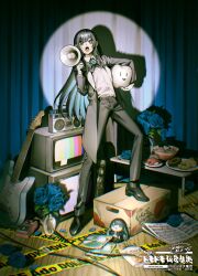  1girl absurdres ado_(utaite) bilingual_commentary black_bow black_bowtie black_coat black_hair black_pants black_shoes blue_hair boombox bow bowtie box cardboard_box cd cd_case chando_(ado) character_doll coat colored_inner_hair commentary_request doll doughnut effects_pedal electric_guitar english_commentary fish_(food) food gloves guitar ha-chan_(ado) highres ikuze_1111 instrument long_hair long_sleeves mixed-language_commentary mole mole_under_eye multicolored_hair nigirizushi noodles official_alternate_costume official_art open_mouth pants pon_de_ring ramen sheet_music shirt shoes solo spotlight sushi sweet_potato_fries television test_card utaite vase white_gloves white_shirt 
