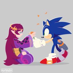  1boy 1girl absurdres artist_name blue_eyes blue_fur closed_mouth commentary dress english_commentary flower full_body furry furry_male gloves green_eyes grey_background hedgehog_boy highres holding holding_flower hushyrus long_sleeves merlina_(sonic) pointy_ears purple_dress red_hair red_shoes shoes smile sonic_(series) sonic_and_the_black_knight sonic_the_hedgehog white_gloves wide_sleeves 