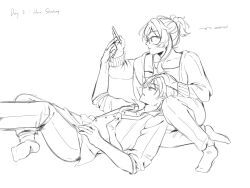  1boy 1girl alphastroo alternate_costume alternate_hairstyle bespectacled camisole casual cellphone commentary contemporary english_text eyelashes genshin_impact glasses greyscale hair_ornament hair_scrunchie hand_up headpat high_ponytail highres holding holding_phone jacket lap_pillow light_blush long_sleeves lumine_(genshin_impact) lying monochrome necktie on_back pants partially_unbuttoned phone ponytail scaramouche_(genshin_impact) scrunchie shirt short_hair short_hair_with_long_locks short_ponytail sidelocks sitting sleeves_rolled_up smartphone socks tsurime white_background yokozuwari 