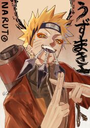  1boy absurdres artist_name blonde_hair coat commentary_request facial_mark forehead_protector highres horizontal_pupils jacket konohagakure_symbol male_focus messy_hair naruto_(series) naruto_shippuuden orange_jacket red_coat scroll scroll_tube sennin_mode si_cw signature solo spiky_hair twitter_username uzumaki_naruto whisker_markings 