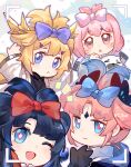 1boy 3girls :&lt; :o ;d absurdres alternate_hairstyle animal arknights bangs black_gloves black_hair black_shirt blonde_hair blue_bow blue_eyes blue_hair blue_jacket borrowed_hairstyle bow character_request chibi closed_mouth collared_shirt commentary_request diamond-shaped_pupils diamond_(shape) gloves gradient_hair hair_bow highres hood hood_down hooded_jacket jacket leizi_(arknights) long_sleeves multicolored_hair multiple_girls notice_lines one_eye_closed open_clothes open_jacket parted_bangs parted_lips passenger_(arknights) pink_eyes pink_hair pudding_(arknights) purple_bow seal_(animal) shirt short_eyebrows smile sui_(blackcatsui_yoi) symbol-shaped_pupils thick_eyebrows viewfinder white_jacket white_shirt wide_sleeves