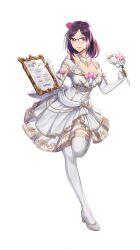  1girl absurdres artist_request bouquet bride clipboard commentary_request dress dress_flower elbow_gloves english_commentary flower full_body glasses gloves gold_flower gold_trim hair_flower hair_ornament high_heels highres holding holding_bouquet holding_clipboard holding_quill king's_raid korean_commentary layered_dress long_hair mixed-language_commentary official_alternate_costume official_art open_mouth pink_flower pleated_dress purple_hair quill red_eyes ribbon second-party_source shoes short_dress simple_background smile solo standing standing_on_one_leg thigh-highs veronica_(king's_raid) wedding_dress white_background white_gloves white_ribbon white_shoes white_thighhighs 