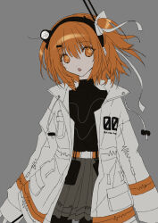  1girl :o a.i._voice absurdres adachi_rei bad_id bad_twitter_id belt belt_pouch black_shirt cowboy_shot floating_hair grey_background grey_skirt hair_ribbon hairband headlamp highres jacket long_sleeves looking_at_viewer open_clothes open_jacket orange_belt orange_eyes orange_hair pleated_skirt pouch ribbon shirt simple_background skirt solo standing torichikushou turtleneck turtleneck_shirt unfinished utau white_jacket 