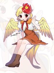  168namu3 animal_on_head artist_name baby_animal bird bird_tail bird_wings blonde_hair blush boots brown_boots capelet chick chicken_girl commentary dress feathered_wings hand_up highres looking_at_viewer medium_hair multicolored_hair niwatari_kutaka on_head orange_dress parted_lips red_eyes red_hair short_sleeves smile tail touhou twitter_username two-tone_hair white_capelet wings yellow_wings 