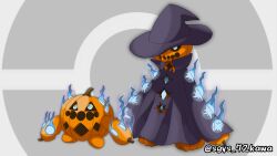  2others aqua_eyes arms_at_sides artist_name black_hat black_robe blue_fire cacnea cacturne commentary_request fakemon fire glowing halloween hat hat_over_one_eye hole_on_body jack-o'-lantern multiple_others pokemon pumpkin redesign robe shigeyasu. witch_hat 