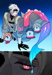  1girl 3boys anotherside_rd arm_support black_gloves black_hair black_headband blue_background bright_pupils chibi coat commentary_request crow_armbrust cut-in double-parted_bangs eiyuu_densetsu gideon_(eiyuu_densetsu) gloves gradient_background grey_coat grey_hair hair_between_eyes headband highres kneeless_merfolk korean_commentary long_coat long_sleeves male_focus merfolk mermaid monster_girl multiple_boys orange_hair parted_bangs red_eyes scar scar_across_eye scar_on_face scarlet_(eiyuu_densetsu) sen_no_kiseki_(series) sen_no_kiseki_ii short_hair simple_background sleeves_rolled_up smile solo_focus spiky_hair vulcan_(eiyuu_densetsu) water_drop white_hair white_pupils 