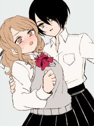  2girls akasata ashuu_shizuku black_hair black_skirt blush bow bowtie brown_eyes brown_hair commentary_request grey_background grey_sweater_vest habutae_nana hand_on_another's_arm mahou_shoujo_ikusei_keikaku mahou_shoujo_ikusei_keikaku_unmarked medium_hair multiple_girls open_mouth pleated_skirt red_bow red_bowtie school_uniform shirt short_hair skirt sweater_vest white_shirt yellow_eyes yuri 