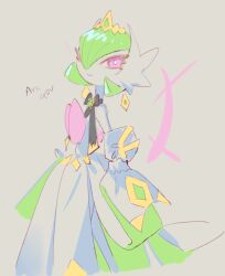  1girl bob_cut commentary dress elbow_gloves gardevoir gloves green_hair grey_background mega_gardevoir mega_pokemon pink_eyes pokemon pokemon_(creature) raine_(acke2445) simple_background smile tiara untranslatable_commentary white_dress white_gloves 