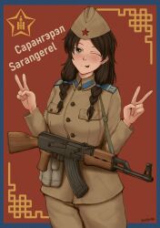  1girl :p ;p absurdres ak-47 assault_rifle black_hair blue_border border braid breasts brown_eyes brown_hat brown_jacket brown_pants commentary double_v english_commentary gridman_universe grzegorz1996 gun hair_over_shoulder hands_up hat highres jacket kalashnikov_rifle long_hair low_twintails medium_breasts military_uniform one_eye_closed original pants red_background rifle russian_text signature ssss.gridman tongue tongue_out translation_request twin_braids twintails v weapon 